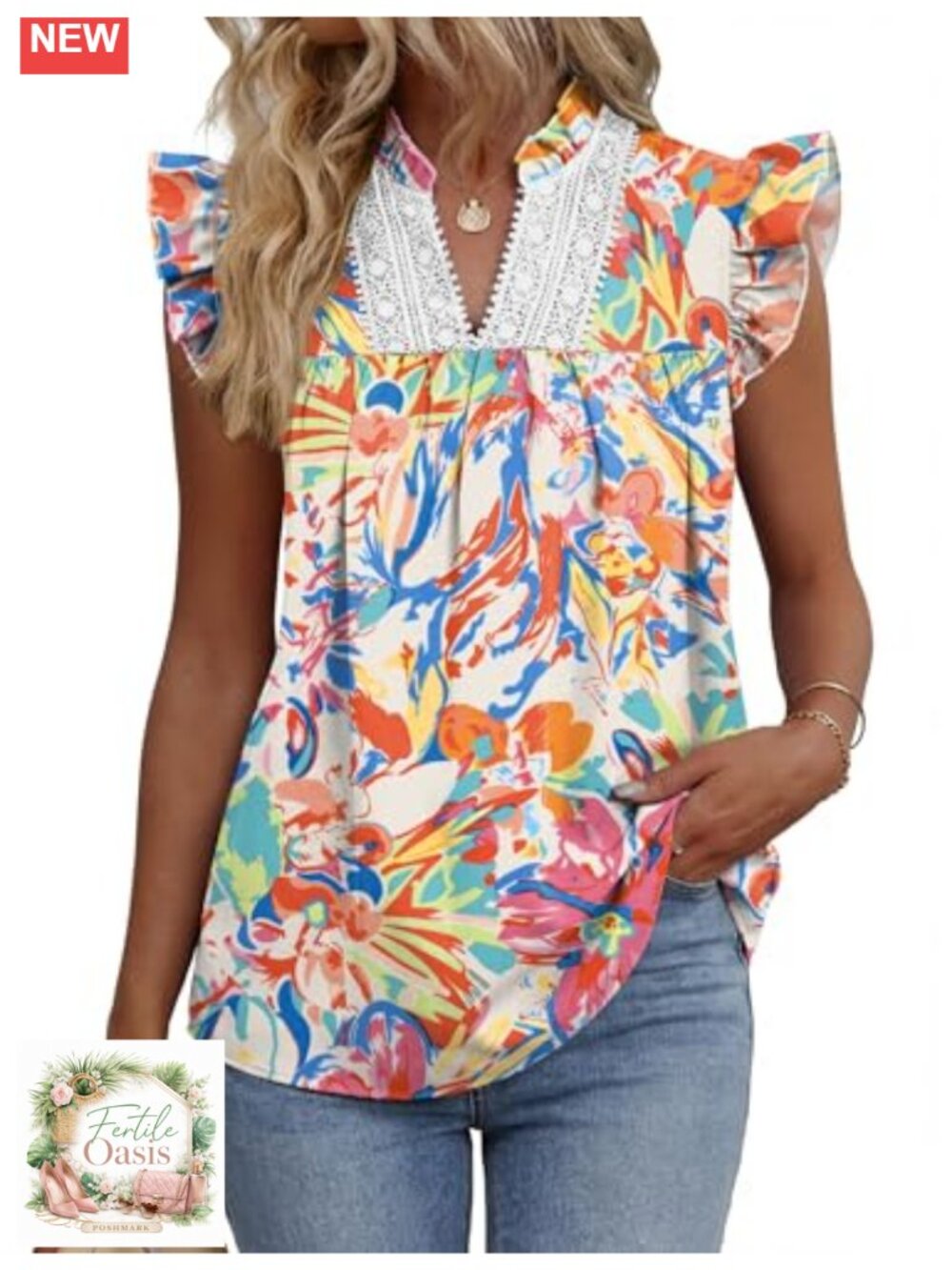 Ruffled Sleeve Lace V Neck Pleated Blouse Tank Top Summer